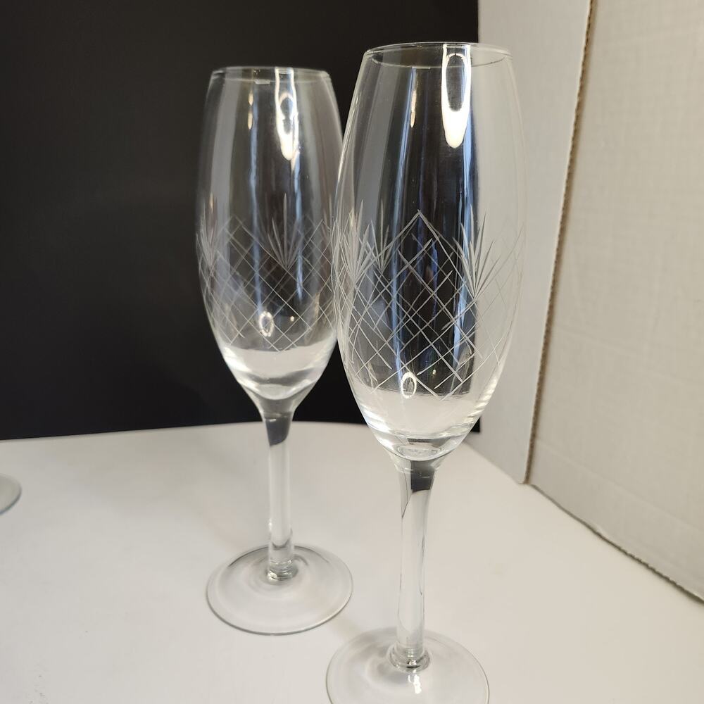 Pair of 1940's Etched Champagne Wine Glasses Geometric Pattern 10" T USA 10 oz